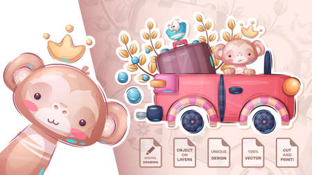 Monkey travel in the car - cute stickerのイラスト素材