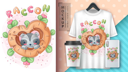 Cute raccoon in wood heart - poster and merchandising.のイラスト素材