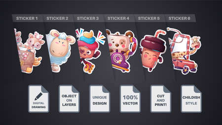 Set cute sticker tea, coffee, deer, diplomat, giraffe, car, lamb, sheep, bear, phone, cakeのイラスト素材