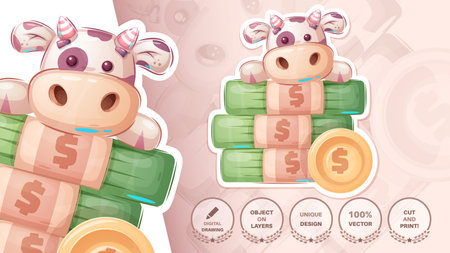 Cow with money cute stickerのイラスト素材