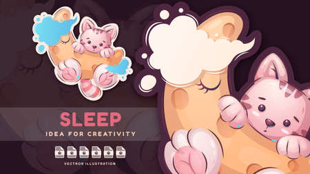 Pretty cat on the moon cute sticker.のイラスト素材