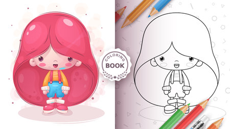 Coloring book cartoon character adorable girl, pretty animal idea for print t-shirt, poster and kids envelope, postcard. Cute hand drawn style babyのイラスト素材