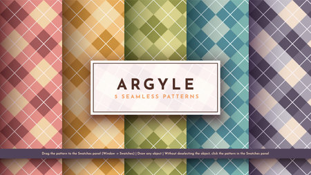Set 5 Seamless Argyle Pattern. Traditional Scottish Texture. Fashionable Fabric. Textile Background.のイラスト素材
