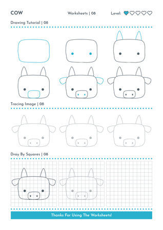How to Draw Doodle Cow, Cartoon Character Step by Step Drawing Tutorial. Activity Worksheets For Kidsのイラスト素材
