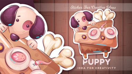 Dog with bone sticker. Cartoon character illustration. Cute animal.のイラスト素材