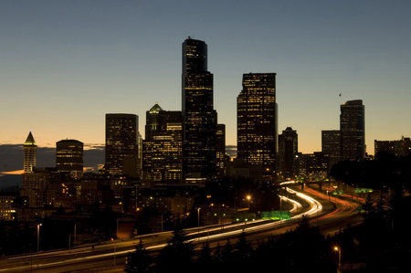 Seattle skyline at night with headlightsの写真素材