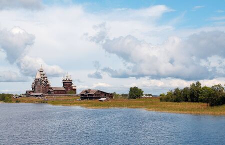 Old wooden temple in Russian north, Kizhi island, Lake Onegaの写真素材
