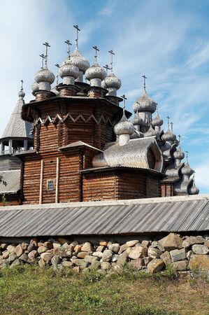 Old wooden temple in Russian north, Kizhi island, Lake Onegaの写真素材
