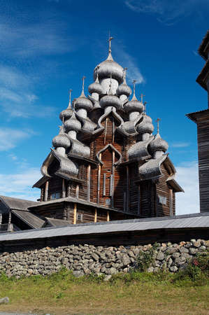 Old wooden temple in Russian north, Kizhi island, Lake Onegaの写真素材