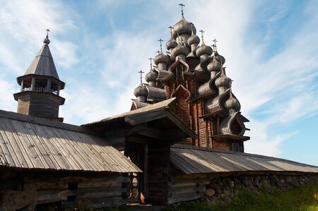 Old wooden temple in Russian north, Kizhi island, Lake Onegaの写真素材