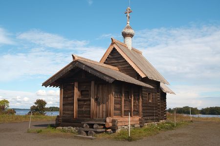 Old wooden chapel in Russian north, Kizhi island, Lake Onegaの写真素材