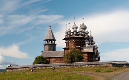 Old wooden temple in Russian north, Kizhi island, Lake Onegaの写真素材