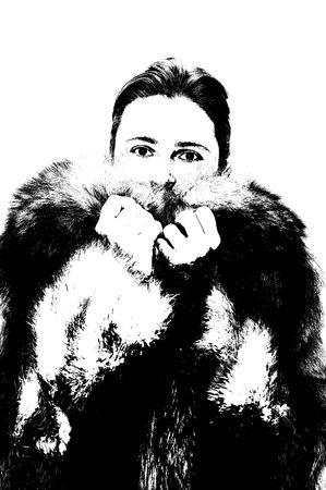 Woman in fur - black and white sketchの写真素材