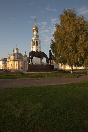Statue of Bat'ushkov and old church in Vologdaの写真素材