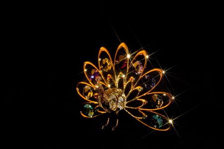 Gold and crystal peacock ornament on black velvet with star effectの写真素材
