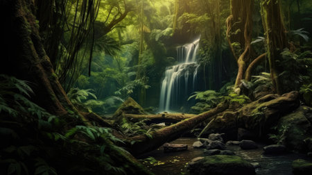 Beautiful waterfall in tropical rainforest. 3D Rendering.の素材