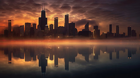 Dramatic sky over the city with reflection in the lake.の素材