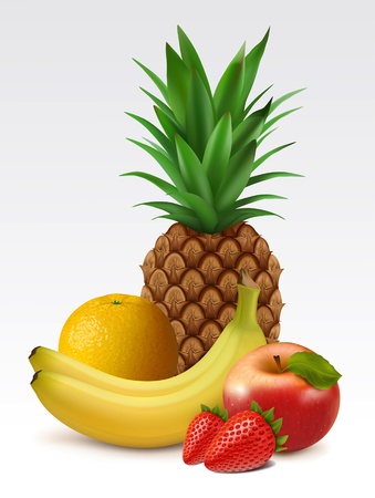 Tropical fruits: pineapple, bananas, orange, strawberries and appleのイラスト素材