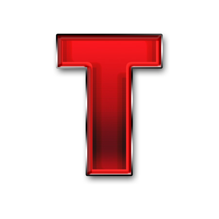 Metal letter T in red isolated on white backgroundの写真素材