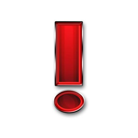 Metal exclamation point red color isolated on white backgroundの写真素材