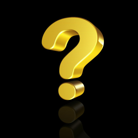 Golden question mark in 3D isolated on black backgroundの写真素材