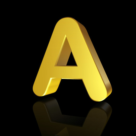 Gold letter A in 3D isolated on black backgroundの写真素材