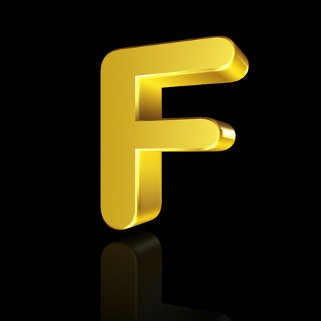 Gold letter F in 3D isolated on black backgroundの写真素材