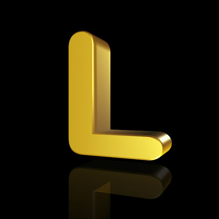 Gold letter L in 3D isolated on black backgroundの写真素材