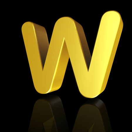 Gold letter W in 3D isolated on black backgroundの写真素材