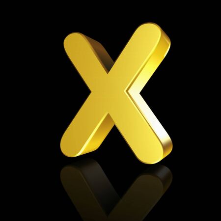 Gold letter X in 3D isolated on black backgroundの写真素材