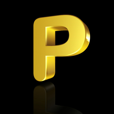 Gold letter P in 3D isolated on black backgroundの写真素材