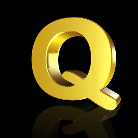 Gold letter Q in 3D isolated on black backgroundの写真素材