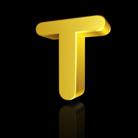 Gold letter T in 3D isolated on black backgroundの写真素材