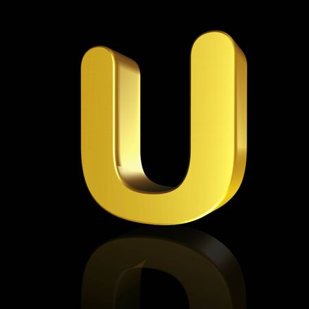 Gold letter U in 3D isolated on black backgroundの写真素材