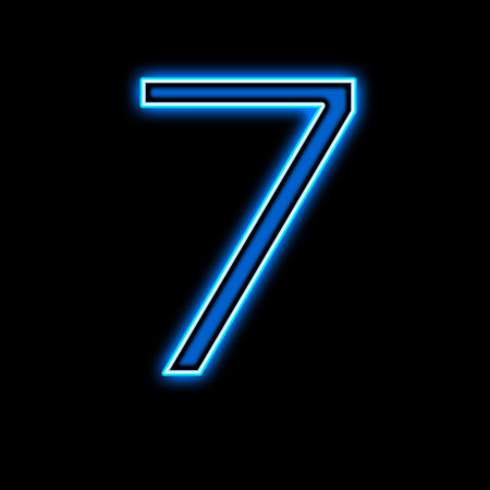 Neon number seven is blue on a black background