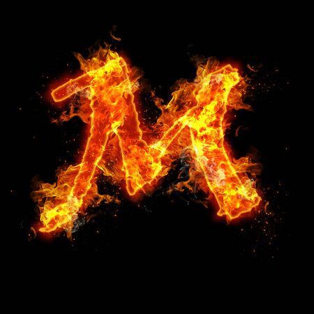 Fire letter M isolated on black backgroundの写真素材