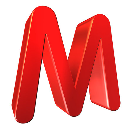 Red 3d letter M isolated white background.の写真素材