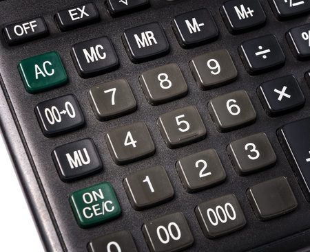 Calculator isolated on white background, device for calculating the numbersの写真素材