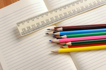 Crayons, a ruler and Notepad closeup. School suppliesの写真素材
