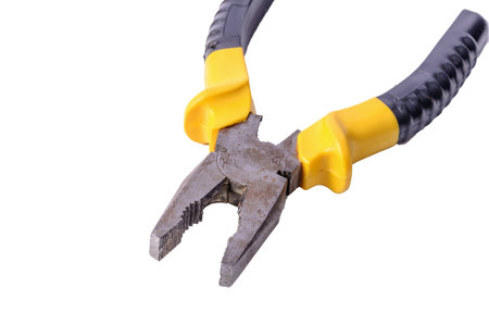Pliers isolated on white background. Yellow black pliers on white background.