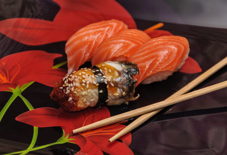 Sushi set on black backgroundの写真素材