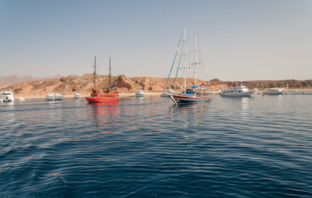 Sinai mountains and picturesque landscapes of the red sea in Egypt. Boat trip on the red sea.