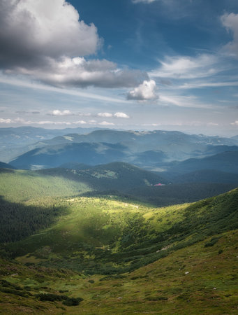 Mountain valley during sunrise. Natural summer landscape.の写真素材