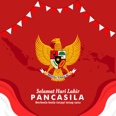 Selamat Hari Lahir Pancasia 1 Juni. Pancasila Day Indonesian Ideology with Flags and Symbol Garuda Vector Illustrationのイラスト素材