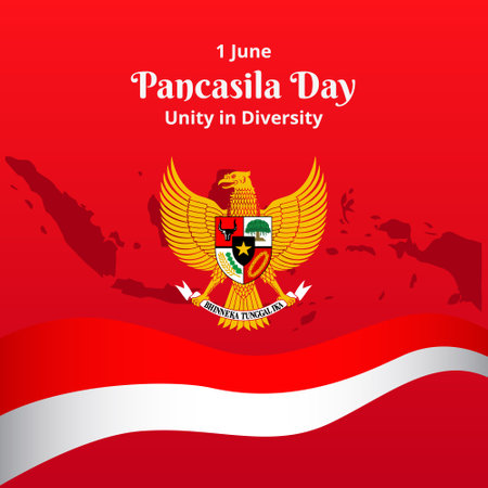 Pancasila Day 1 June, Unity in Diversity. Indonesian Ideology with Symbol Bird Garuda, Indonesian Island, and Flag Red White. Vector Illustration National Patriot backgroundのイラスト素材