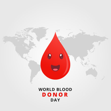 World blood donor day poster with cute blood drop and world map background. Vector Illustrationのイラスト素材