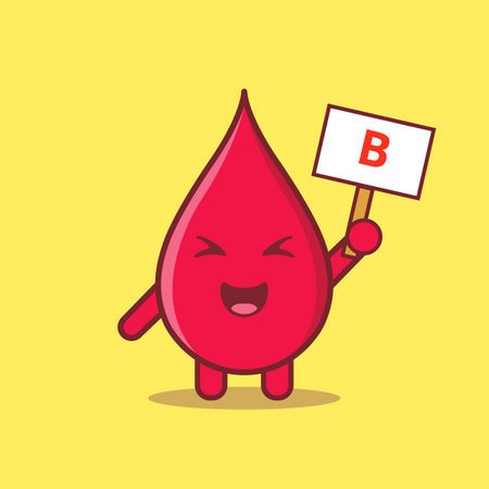 Cute Happy Blood Drop Character. Blood type B Cartoon Vector Illustration. World Blood Donor Day Conceptのイラスト素材