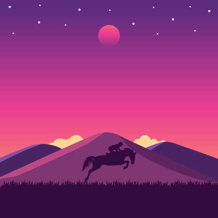 Silhouette of a woman riding a horse with mountain at sunset. Vector Illustrationのイラスト素材