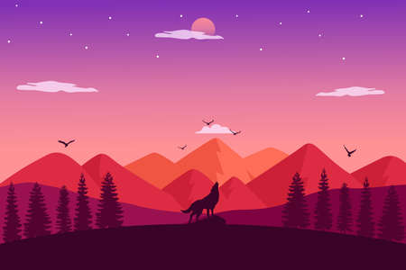 Howling Wolf standing on the hill with panoramic landscape of mountains, forest and beautiful sunset. Vector Illustrationのイラスト素材