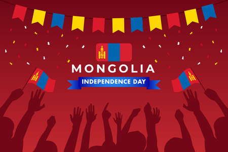 Happy Mongolia Independence Day Background with Flags and Confetti. Vector Illustrationのイラスト素材